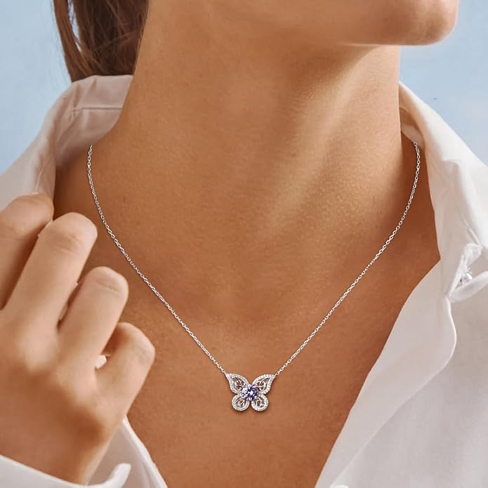 925 Sterling Silver Birthstone Necklaces for Women, Dainty Cute Dragonfly/Butterfly Pendant Necklace, Great Christmas/Anniversary Jewelry for Mother