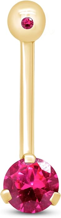 AFFY Internally Threaded Belly Button Navel Ring for Women, Three-Prong Round Simulated Birthstone in 14K Gold Over 925 Sterling Silver, Body Piercing Jewelry Gift