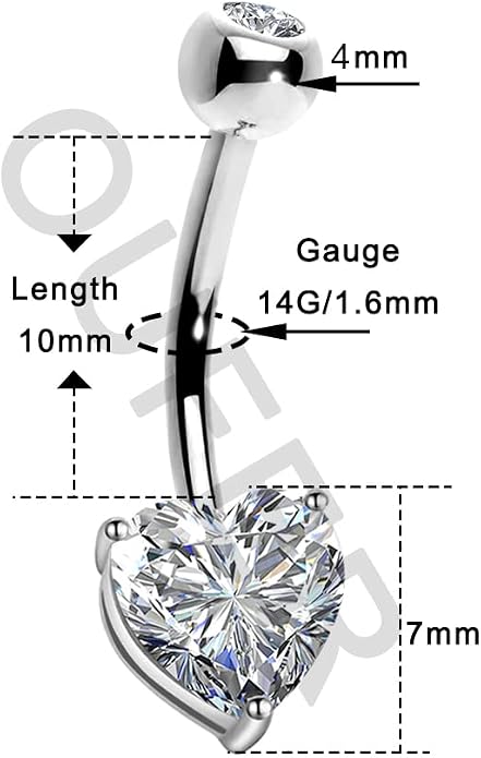 OUFER Belly Navel Rings - 14K Solid White Gold Heart Solitaire Cubic Zirconia Belly Button Rings