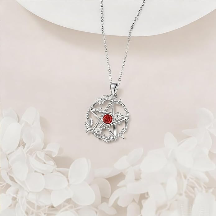Birthstone Pentagram Necklace for Women 925 Sterling Silver Pentacle Daisy Pendant Pentacle Jewelry Birthday Gifts