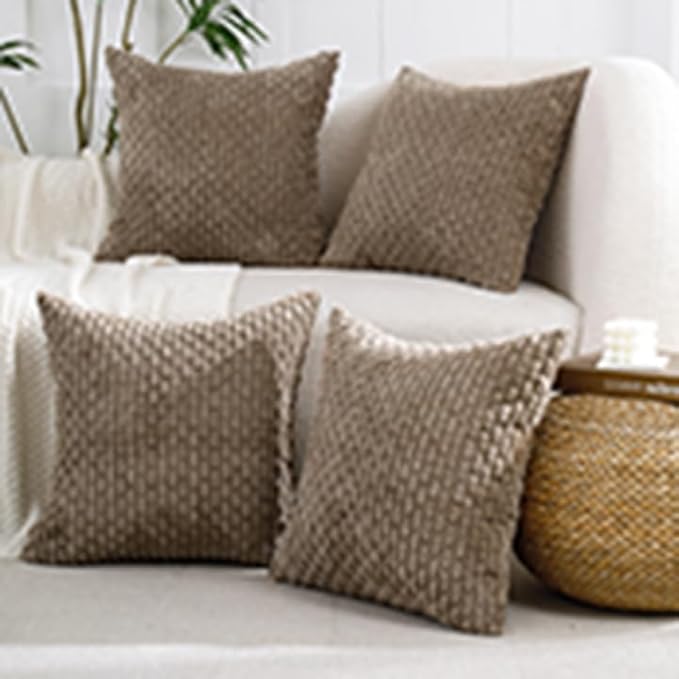 VAKADO Tan Decorative Throw Pillow Covers Couch Corduroy 22x22 Set of 4 Home Living Room Neutral Rustic Farmhouse Cushion Case Decor Boho Square for Bed Sofa