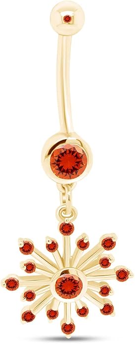 AFFY Snowflake Belly Button Ring for Women Simulated Birthstone, Round Cut Gemstone in 14K Gold Over 925 Sterling Silver, Navel Barbell Piercing Jewelry for Her