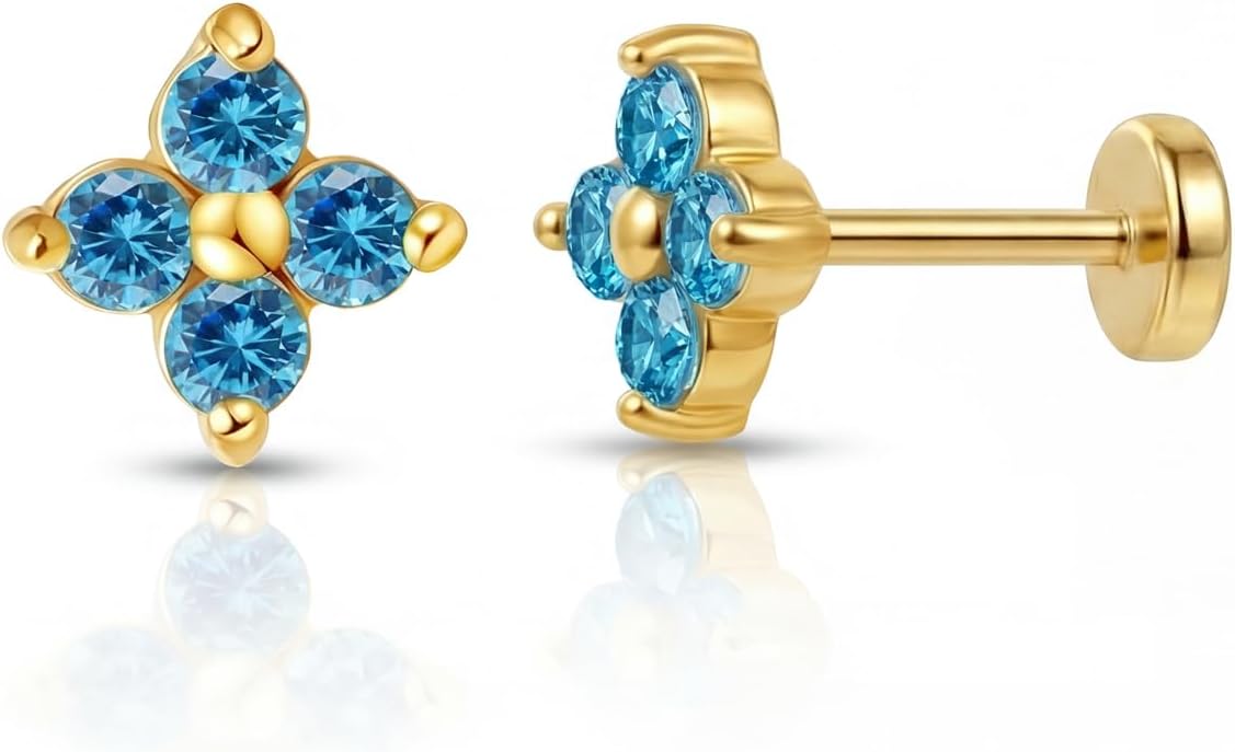 FANSING Short Threadless Cartilage Earring Stackable CZ Birthstone Flat Back Earrings for Women Small Stud Earrings for Tragus Helix Earlobe 18K Gold Plated ‌Rainbow 5.0mm
