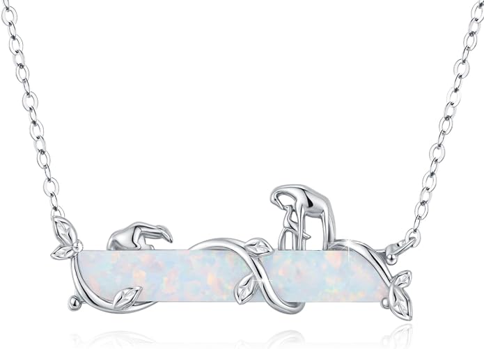 Bar Opal Leaf Necklace For Women S925 Sterling Silver White Opal Pendant with Leaf Charm Bar Pendant Jewelry Gift For Mom Daughter Wife