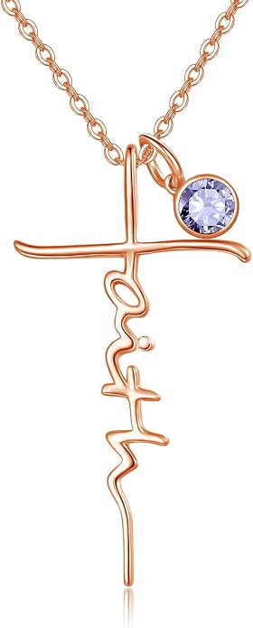 PRAYMOS Faith Cross Necklace for Women 925 Sterling Silver Pendant Necklace With Birthstone Initial Christian Religious Confirmation Baptism Mothers Day Gifts