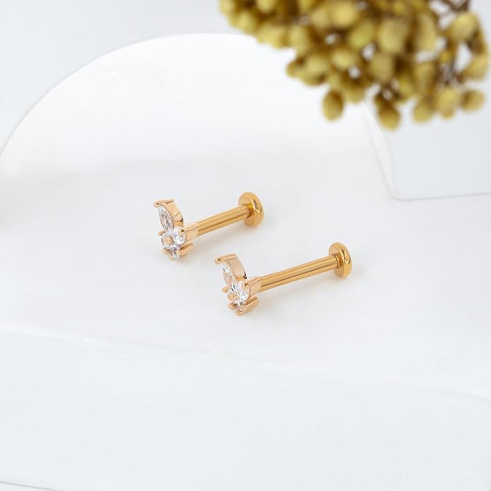 1Pcs 14K Yellow/White Gold Cartilage Earring for Women, 16G Threadless Flat Back Top Push in, Butterfly Tragus Helix Labret Lip Stud Piercing Jewelry