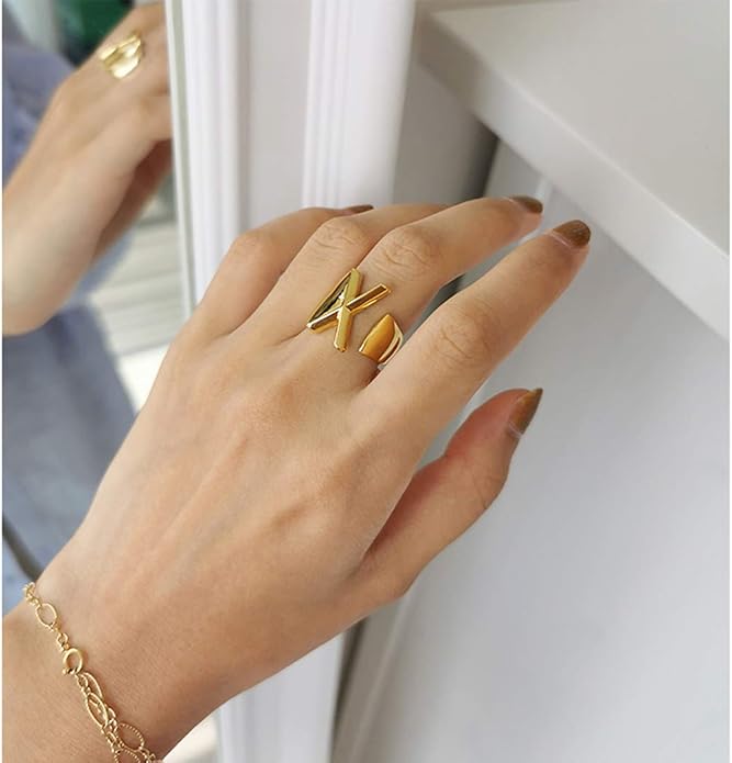 KeyStyle Bold Initial Letter Rings Adjustable, GoldChic Jewelry Women Gold Statement Ring Personalized Engraved Women’s Open Signet Ring for Party (Gold, White Gold, Black)