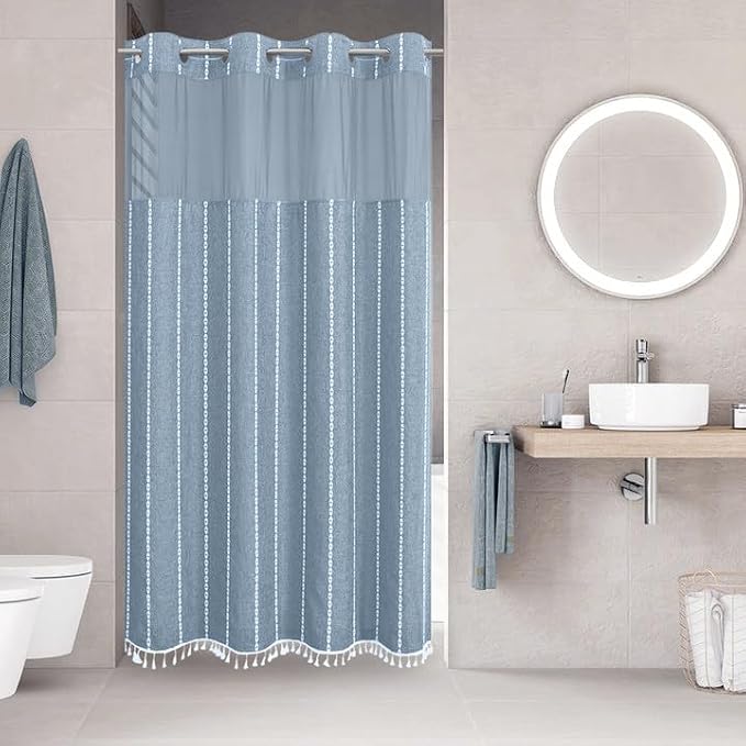 eachope No Hook Stall Shower Curtain with Snap-in Fabric Liner - 54x80 Heavy-Duty Linen Textured Striped Design,Narrow Rustic Modern Farmhouse Bohemian Bathroom Curtain,Water-Repellent,Blue