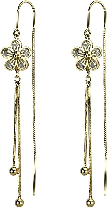 14K Gold Plated Flower Dangle Earrings for Women, Hypoallergenic Cubic Zirconia Long Threader Chandelier Earrings, Elegant Crystal Jewelry for Wedding Bridal Prom Party Gifts