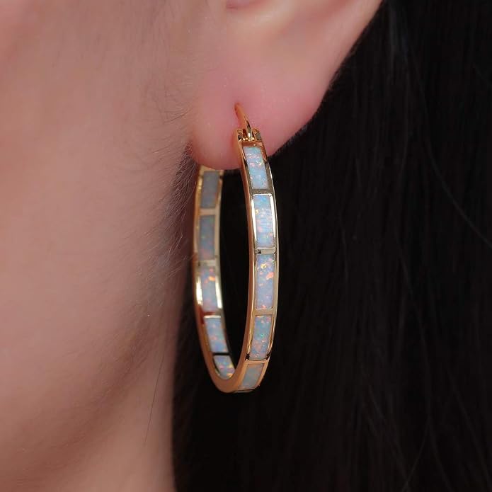 CiNily Opal Hoop Earrings,Women Jewelry Rhodium Plated/Rose Gold or Yellow Gold Plated Gemstone Big Hoop Earrings 32mm