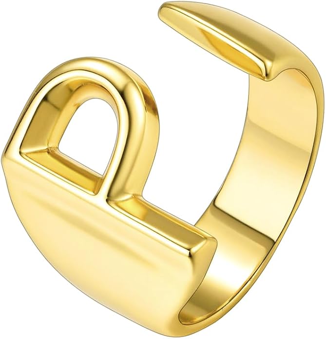 Suplight Nikel Free 18K Gold Plated Letter Rings, Fashion Monogram Jewelry Statement A-Z Wide Name Initial Alphabet Adjustable Open Ring for Women