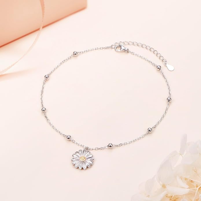 FLYOW S925 Sterling Silver Anklet for Women Summer Boho Beach Charm Adjustable Foot Ankle Bracelet Jewelry Birthday Gift