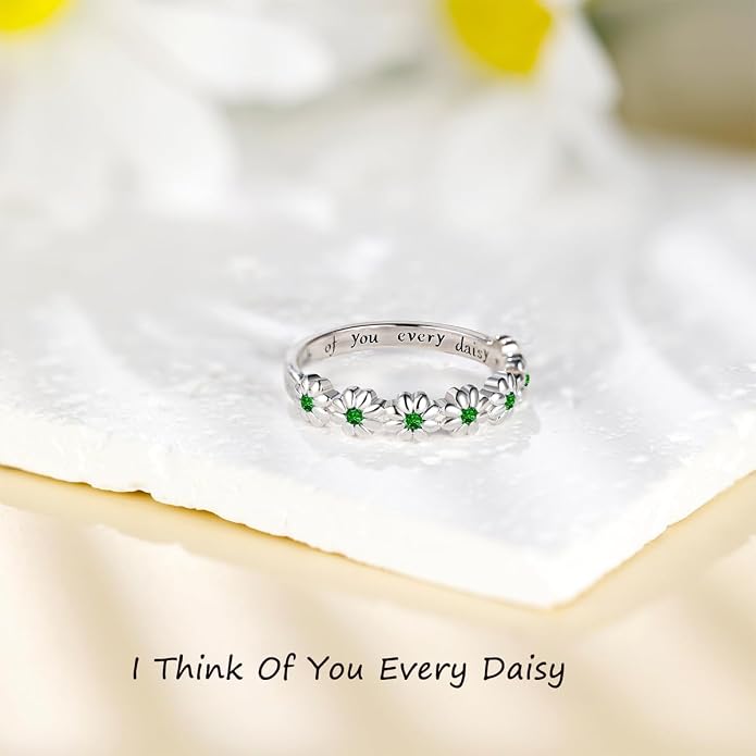 Dainty Daisy Ring for Women, S925 Sterling Silver Cubic Zirconia Sunflower Flower Ring For Daughter, I Think Of You Every Daisy Ring, Birthstone Flower Ring