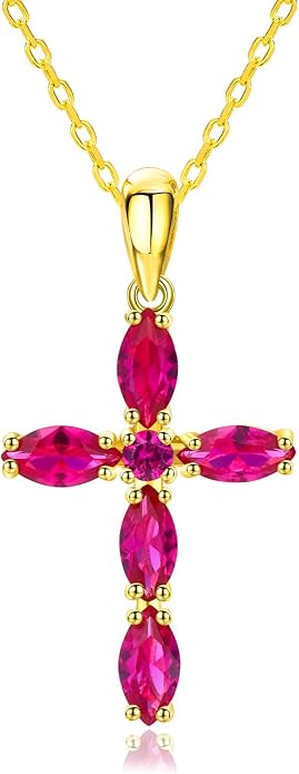 14K Gold Plated 925 Sterling Silver Birthstone Cross Necklace for Women Men