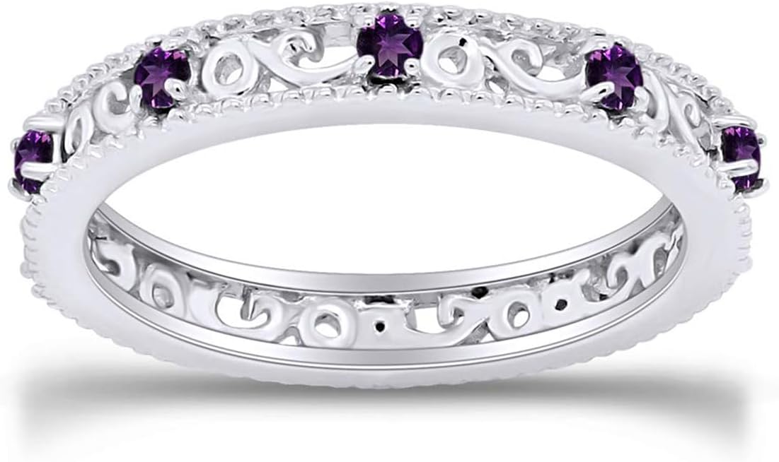 Jewel Zone US Filigree Eternity Wedding Band Ring for Women, Round Cut Simulated Gemstone Stackable Promise Ring in 14K Gold Plated 925 Sterling Silver Band Width 3.5mm – Elegant Jewelry for Her