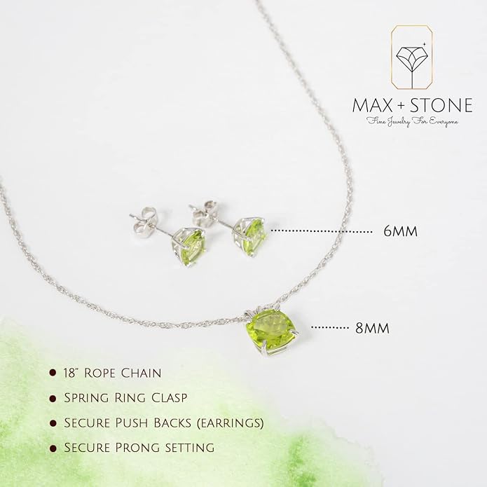 MAX + STONE 14k Gold Plated or Sterling Silver Cushion Cut Gemstone Stud Earrings and Pendant Necklace for Women with 6mm and 8mm Birthstones 18 Inch Chain and Push Backs Jewelry Set