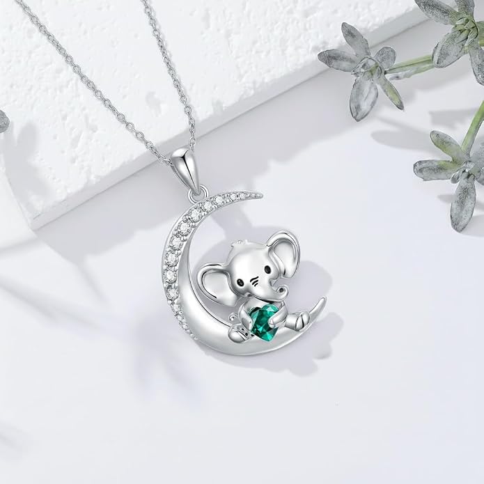 PROESS Animal Birthstone Necklace 925 Sterling Silver Otter/Axolotl/Hippo/Elephant/Dachshund/Monkey/Red Panda Pendant Necklace Animal Birthstone Jewelry Gifts for Women