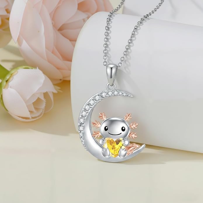 PROESS Animal Birthstone Necklace 925 Sterling Silver Otter/Axolotl/Hippo/Elephant/Dachshund/Monkey/Red Panda Pendant Necklace Animal Birthstone Jewelry Gifts for Women