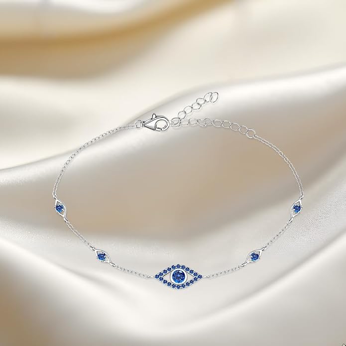 Blue Evil Eyes Link Bracelet, Evil Eye Earrings, S925 Sterling Silver Dainty Cubic Zirconia Adjustable Link Lobster Claw Clasp Chain Jewelry