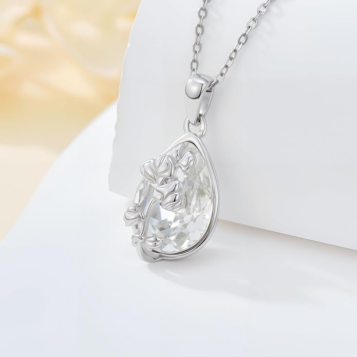 925 Sterling Silver Birth Flower Necklace with Teardrop Shaped Birthstone - 12 Colors, 12 Kinds of Flower - Ideal Birthday Jewelry Gift for Women, Mothers, Daughters & Wives