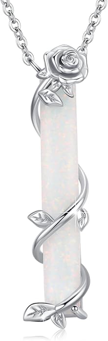 Bar Opal Leaf Necklace For Women S925 Sterling Silver White Opal Pendant with Leaf Charm Bar Pendant Jewelry Gift For Mom Daughter Wife