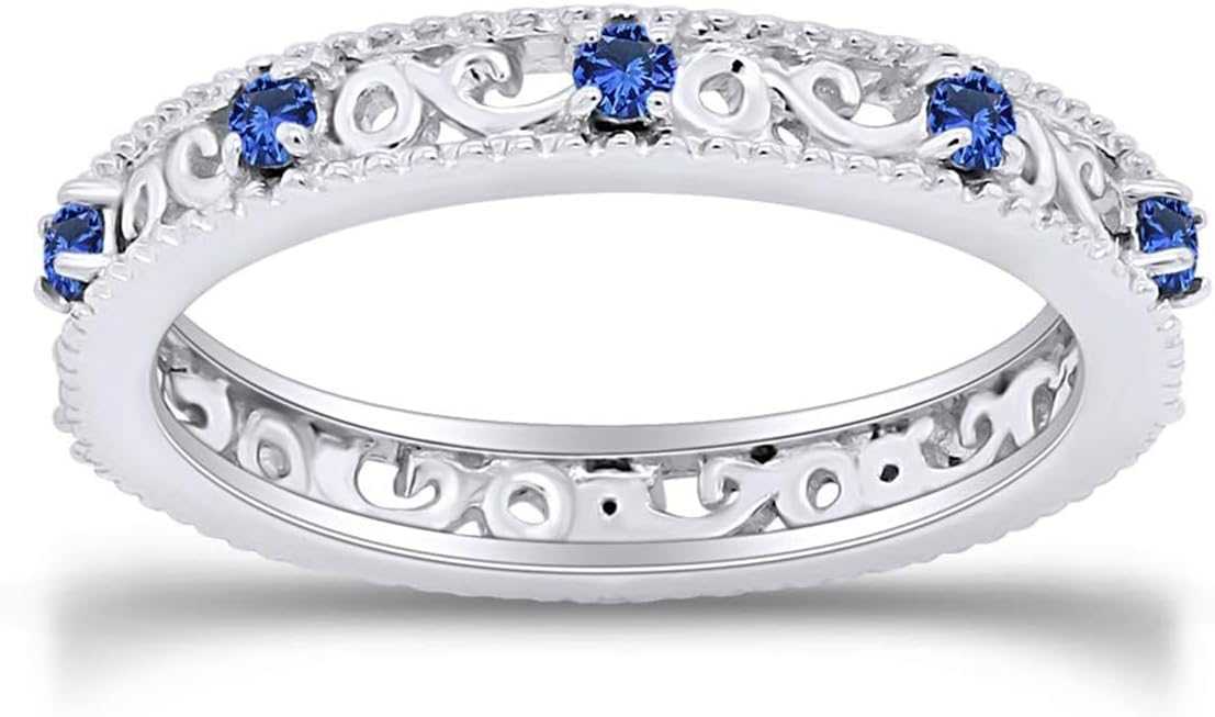 Jewel Zone US Filigree Eternity Wedding Band Ring for Women, Round Cut Simulated Gemstone Stackable Promise Ring in 14K Gold Plated 925 Sterling Silver Band Width 3.5mm – Elegant Jewelry for Her