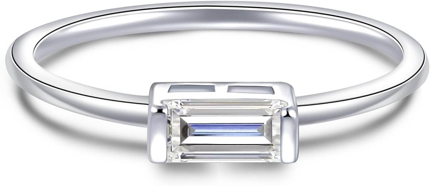Baguette Moissanite Rings for Women: 925 Sterling Silver Baguette Ring Stackable 0.75CT White Gold-plated Jewelry for Her Anniversary Engagement Gift