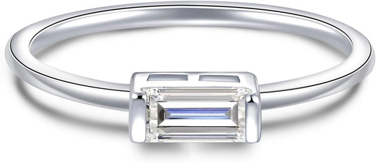 Baguette Moissanite Rings for Women: 925 Sterling Silver Baguette Ring Stackable 0.75CT White Gold-plated Jewelry for Her Anniversary Engagement Gift