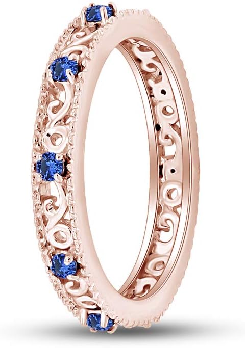 Jewel Zone US Filigree Eternity Wedding Band Ring for Women, Round Cut Simulated Gemstone Stackable Promise Ring in 14K Gold Plated 925 Sterling Silver Band Width 3.5mm – Elegant Jewelry for Her