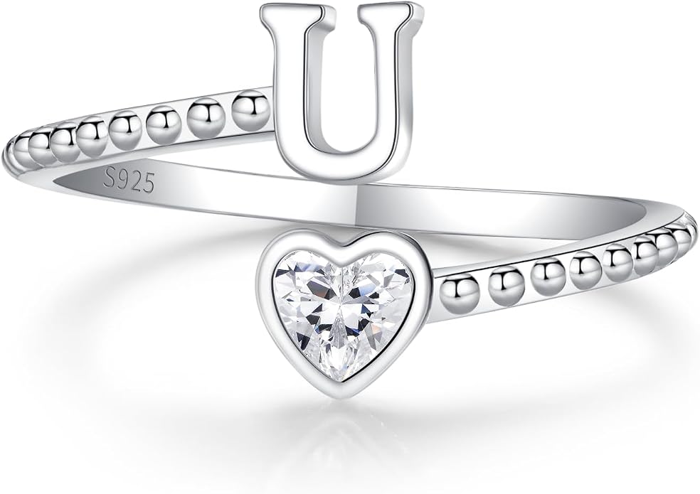 Step Forward 925 Sterling Silver Adjustable Initial Ring for Women | Non Tarnish Letter Rings for Lady | Alphabet Heart Thumb Rings | Capital Letter Jewelry Gifts