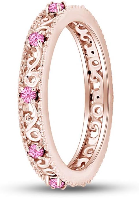 Jewel Zone US Filigree Eternity Wedding Band Ring for Women, Round Cut Simulated Gemstone Stackable Promise Ring in 14K Gold Plated 925 Sterling Silver Band Width 3.5mm – Elegant Jewelry for Her
