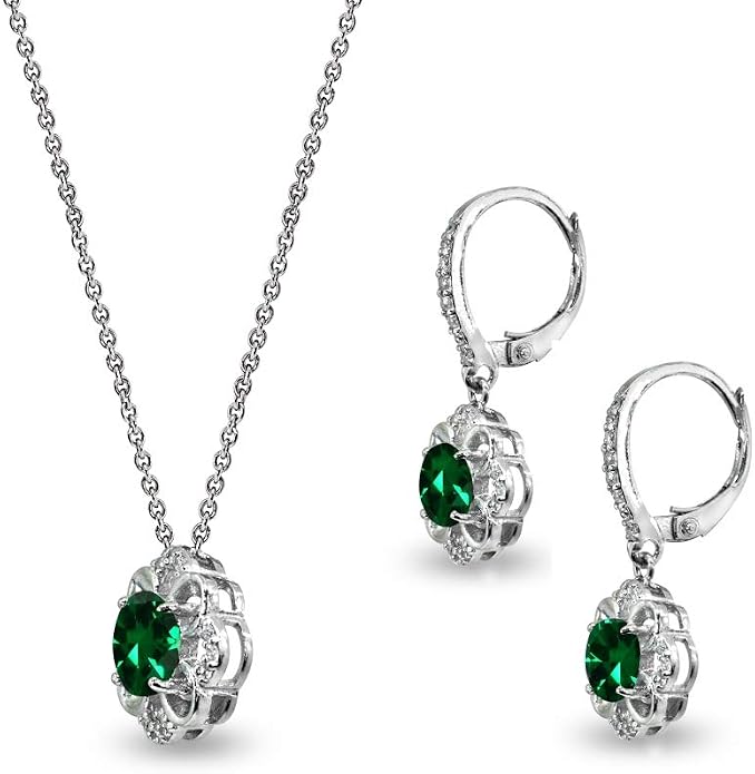 B. BRILLIANT Sterling Silver Genuine or Synthetic Gemstone 6mm Round-Cut Flower Dainty Slide Necklace & Leverback Earrings Set