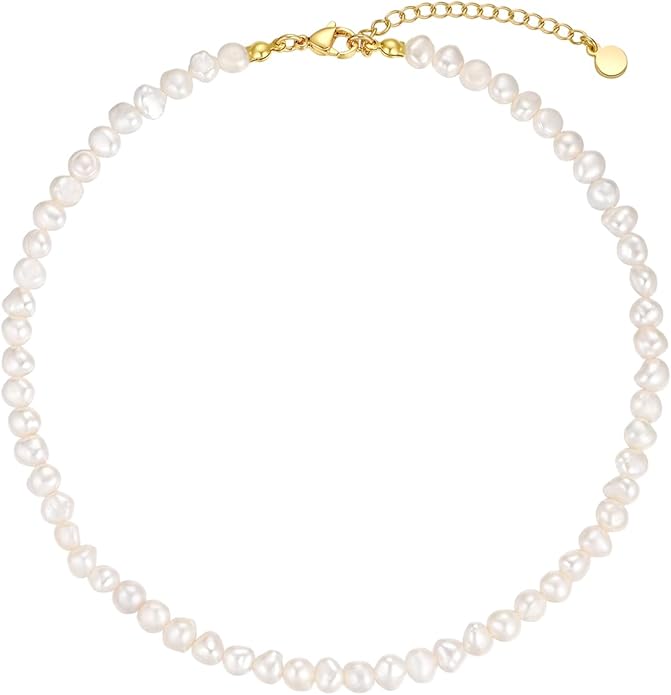 Natural Freshwater Baroque Pearl Necklace 14K Gold Plated Dainty Choker Necklace for Women Girls Snake Chain/Cuban Link/Paperclip/Ball Beaded Chain/Tennis Chain Fashion Jewelry for Gift