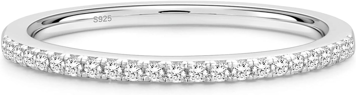EAMTI 2mm 925 Sterling Silver Wedding Band Cubic Zirconia Half Eternity Stackable Engagement Ring Size 3-13
