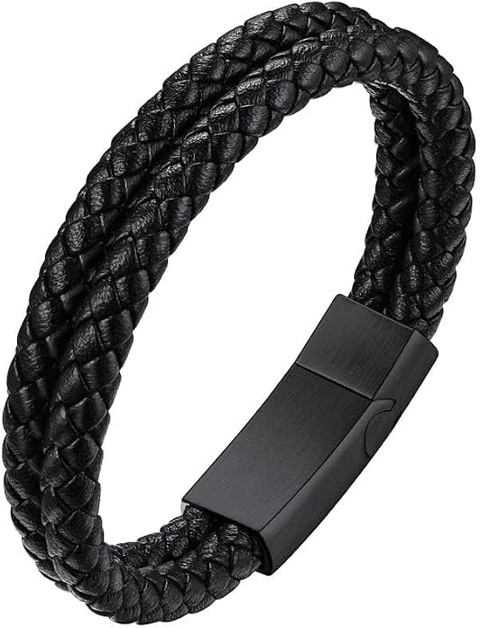 ChainsHouse Mens Wrap Braided Leather Black Bead Bracelets Bangles, Vintage Star of David/Wing Skull/Templar Cross Genuine Leather Bracelet, Customize Available, Size 7.5/8.3/9.0 Inch, Send Gift Box