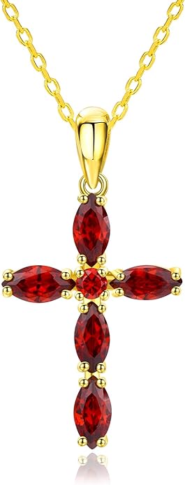 14K Gold Plated 925 Sterling Silver Birthstone Cross Necklace for Women Men