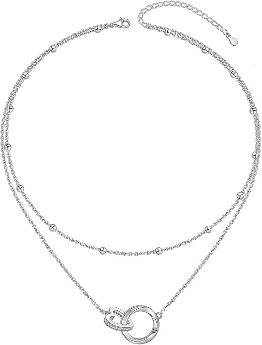 Layered Choker Necklaces for Women S925 Sterling Silver Circle/Heart/Cross/Star Multi Layered Necklace Handmade Bead Chain Adjustable Jewelry for Birthday