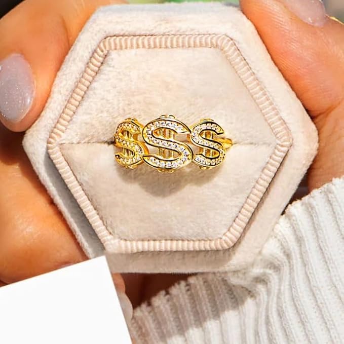 14K Gold Plated Crystal Dollar Sign Statement Rings for Men's and Women's,Cubic Zirconia Hip Hop Dollar Symbol Punk Rock Ring for Rapper Money Amulet Keepsake Rings Jewelry Size 9#