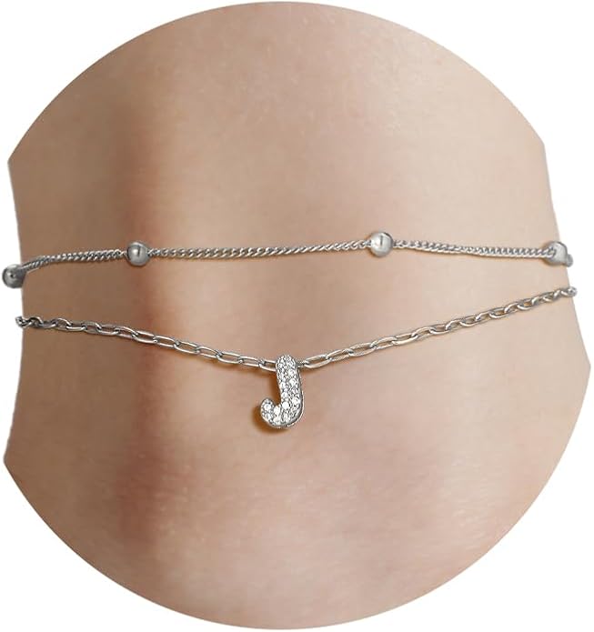 FindChic Silver/14K Gold Plated Layered CZ Initial Ankle Bracelet for Women | Waterproof Stainless Steel, Cubic Zirconia Letter Charm, Non-Tarnish, Hypoallergenic, Adjustable Extender, Summer Jewelry