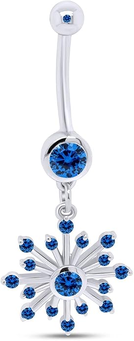 AFFY Snowflake Belly Button Ring for Women Simulated Birthstone, Round Cut Gemstone in 14K Gold Over 925 Sterling Silver, Navel Barbell Piercing Jewelry for Her