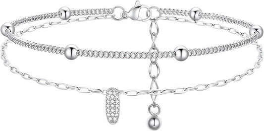 FindChic Silver/14K Gold Plated Layered CZ Initial Ankle Bracelet for Women | Waterproof Stainless Steel, Cubic Zirconia Letter Charm, Non-Tarnish, Hypoallergenic, Adjustable Extender, Summer Jewelry