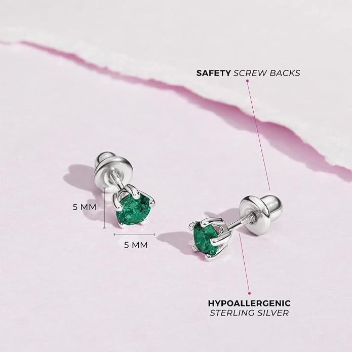 In Season Jewelry Solitaire Simulated Birthstone Kids Earrings - 925 Sterling Silver Hypoallergenic Earrings for Girls with Secure Screw Backs - Safe & Comfortable for Kids & Little Girls