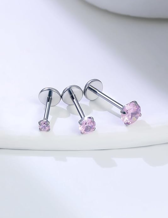 20G 18G 16G Astm F136 Titanium Internally Threaded Flat Back Earrings Nose Rings Studs G23 Titanium Tragus Helix Conch Cartilage Earrings Studs Piercing Jewelry For Women Men Clear Pink CZ