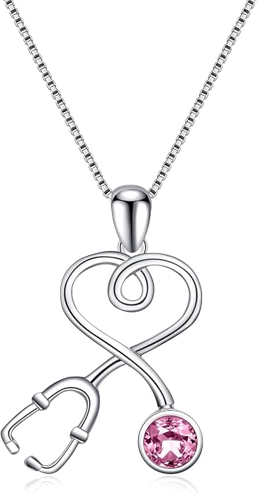AOBOCO Stethoscope Necklace 925 Sterling Silver Embellished with 12 Months Birthstone Crystals from Austria, Graduation Gifts Medical Jewelry for Doctor Nurse Medical Student RN