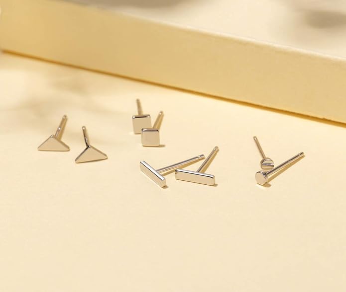 EPIRORA Sterling Silver Stud Earrings for Women Men- 4 Pairs of Hypoallergenic Simple Geometric Small Stud Earring Set Tiny Circle Triangle Square Bar Stud Earrings Mini Cartilage Tragus Earrings