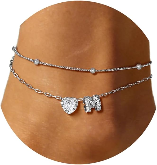 FindChic Silver/14K Gold Plated Layered CZ Initial Ankle Bracelet for Women | Waterproof Stainless Steel, Cubic Zirconia Letter Charm, Non-Tarnish, Hypoallergenic, Adjustable Extender, Summer Jewelry
