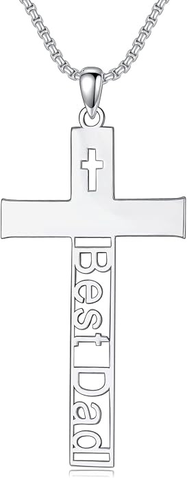 KXJ S925 Sterling Silver Black Cross/Best Dad/Baseball Bat/Silver Cross/Ankh Cross/Crucifix with 22+2 Inches Stainless Steel Rolo Chain Cross Necklace for Men Women Christian Religious Jewelry Gifts