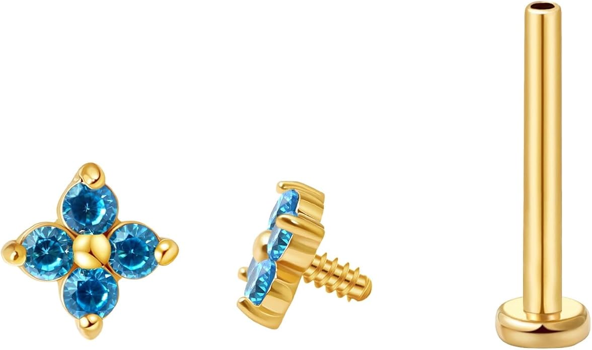 FANSING CZ Flower Internally Threaded Flat Back Earring Labret Stud for Cartilage Tragus Helix Conch
