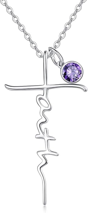 PRAYMOS Faith Cross Necklace for Women 925 Sterling Silver Pendant Necklace With Birthstone Initial Christian Religious Confirmation Baptism Mothers Day Gifts