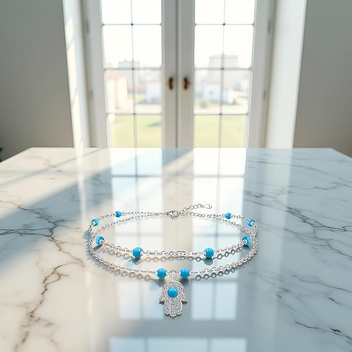 Anklets for Women S925 Sterling Silver Hand of Fatima Charm Dainty Evil Eye Hamsa Hand Anklet Adjustable Layered Bracelet Turquoise Jewelry Mothers Day Gifts for Mom